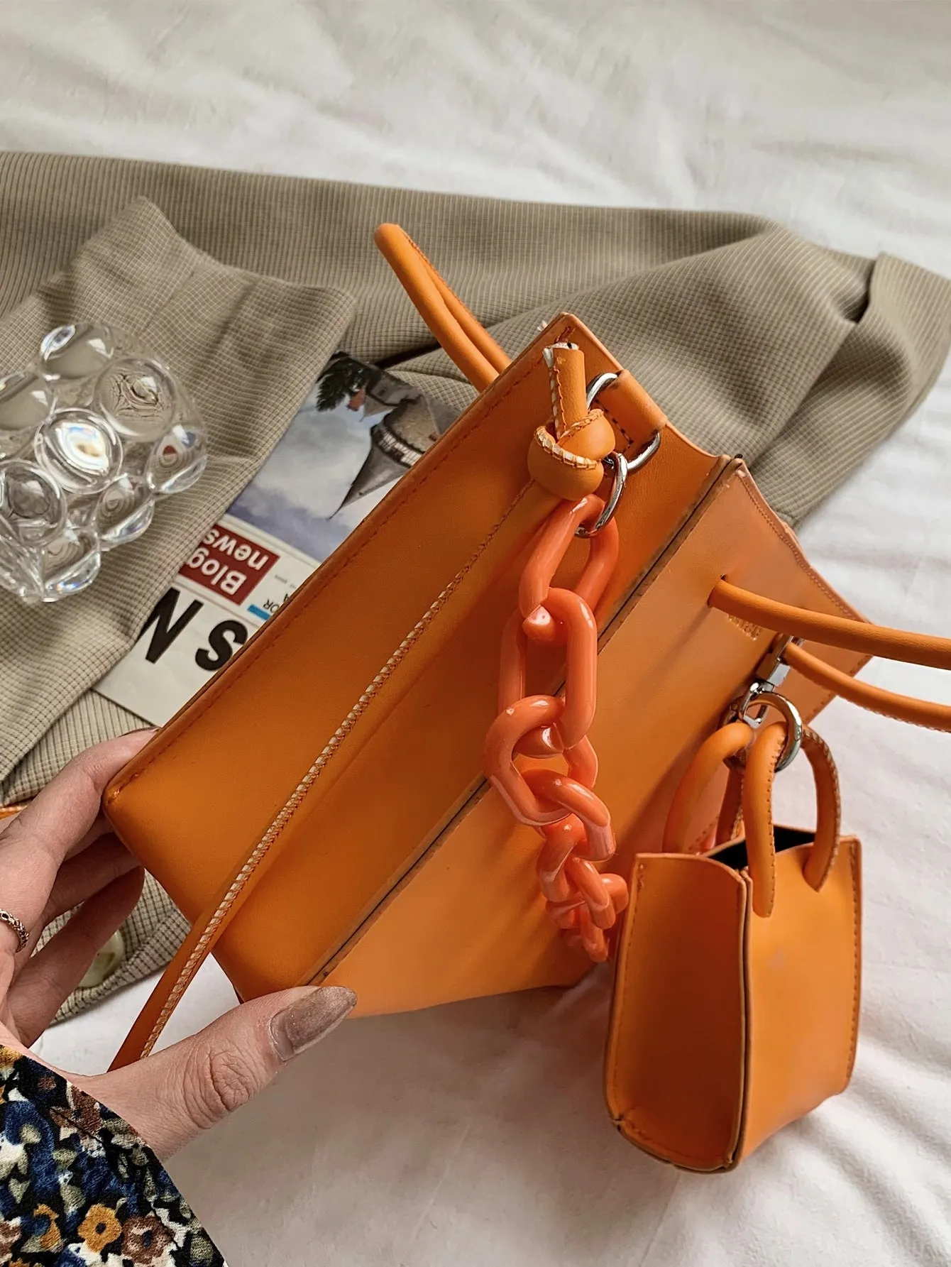 2pcs Neon Orange Satchel Bag Set