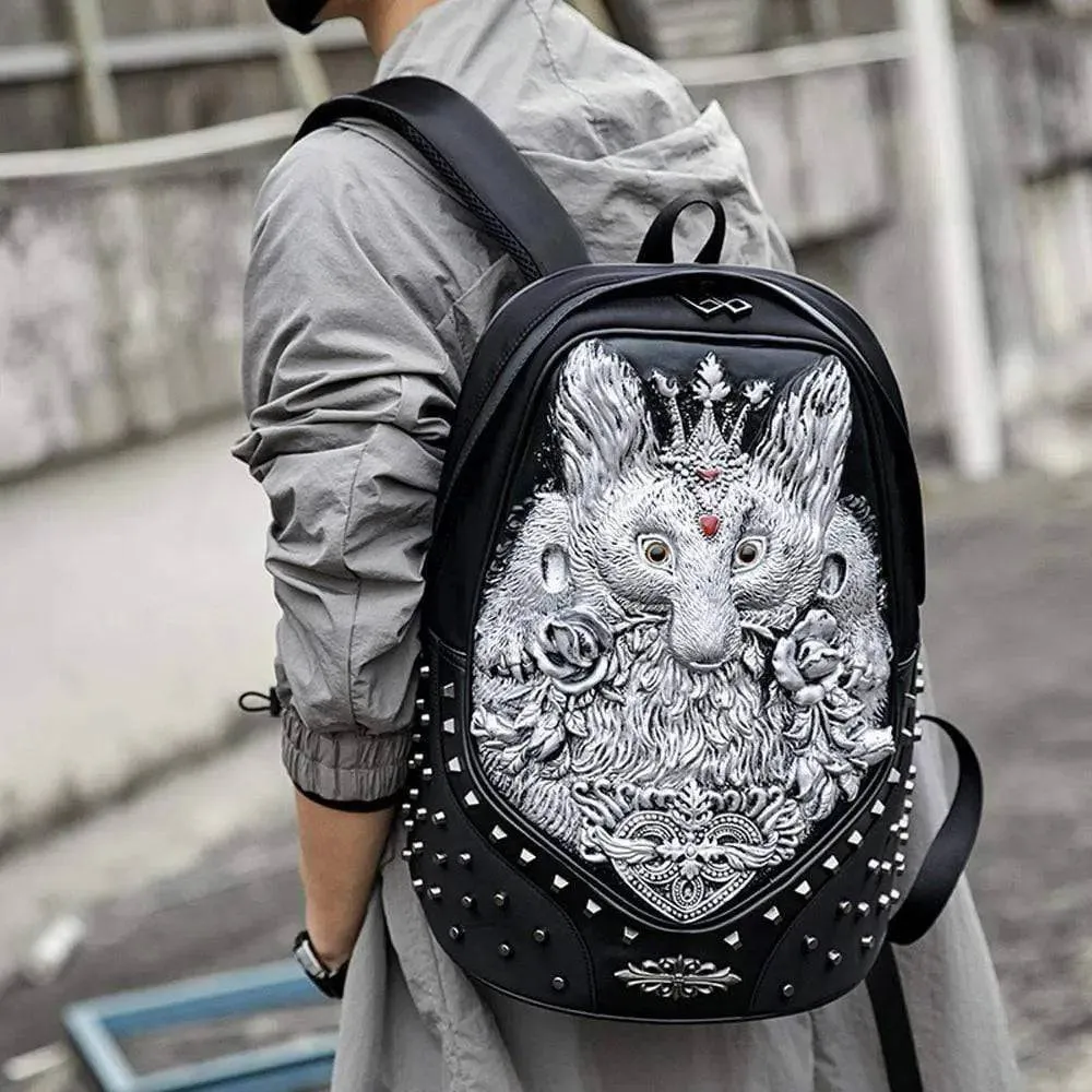 3D Backpack Fashion Studed 3D Ladie's Fox Modeling  Casual Sports Laptop Travel Bag