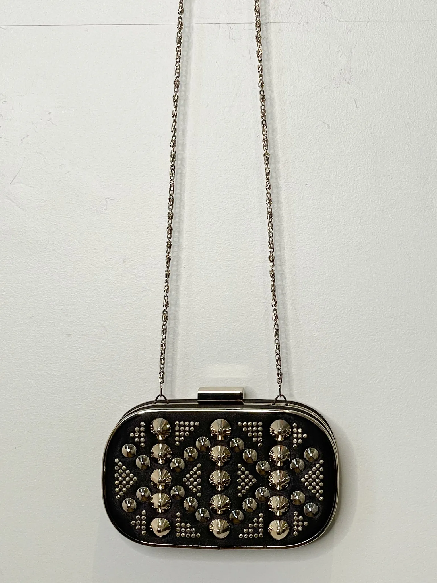 ALDO Black Satin Studded Champagne Chain Clutch With Chain