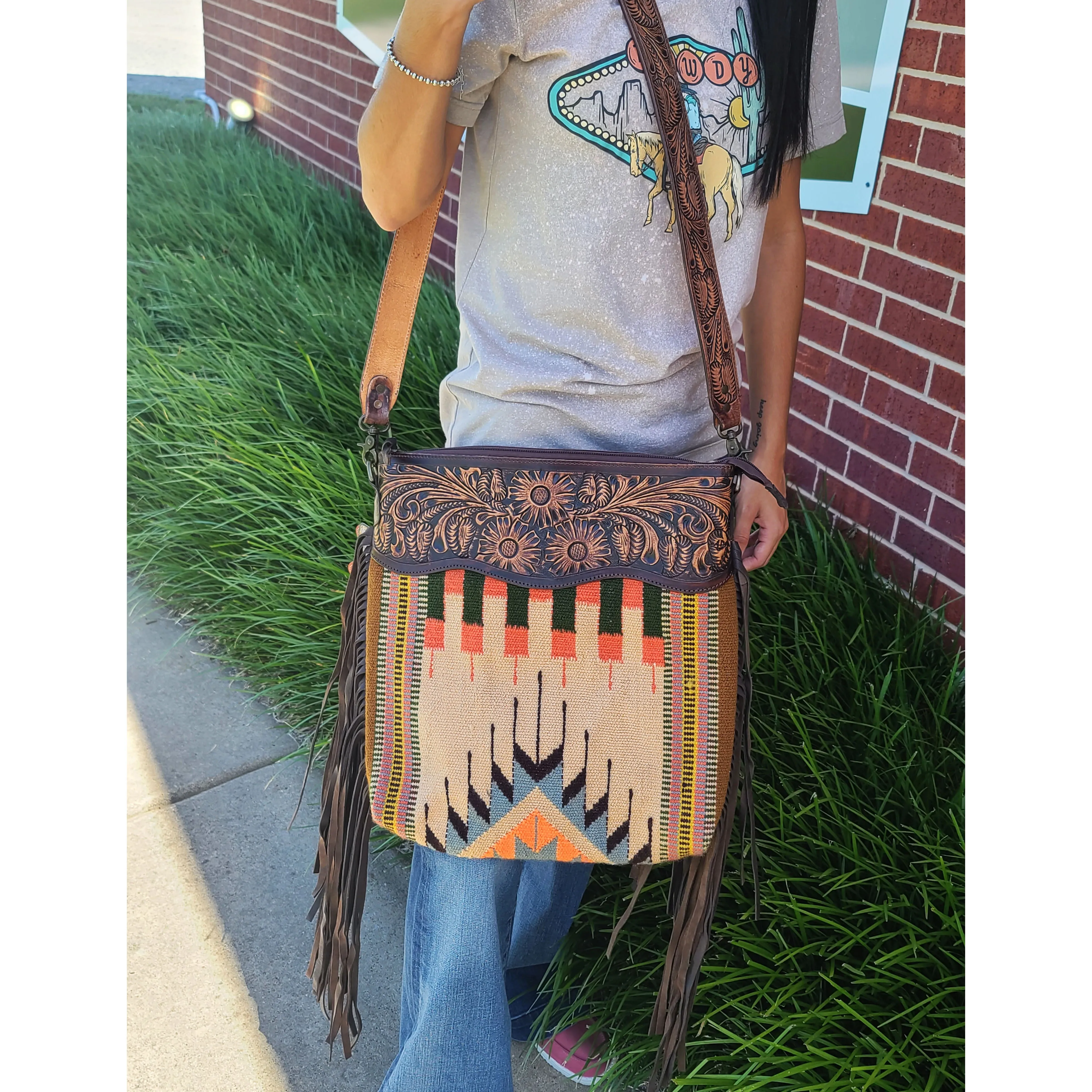 American Darling Tan/Black Tooled Fringe Purse