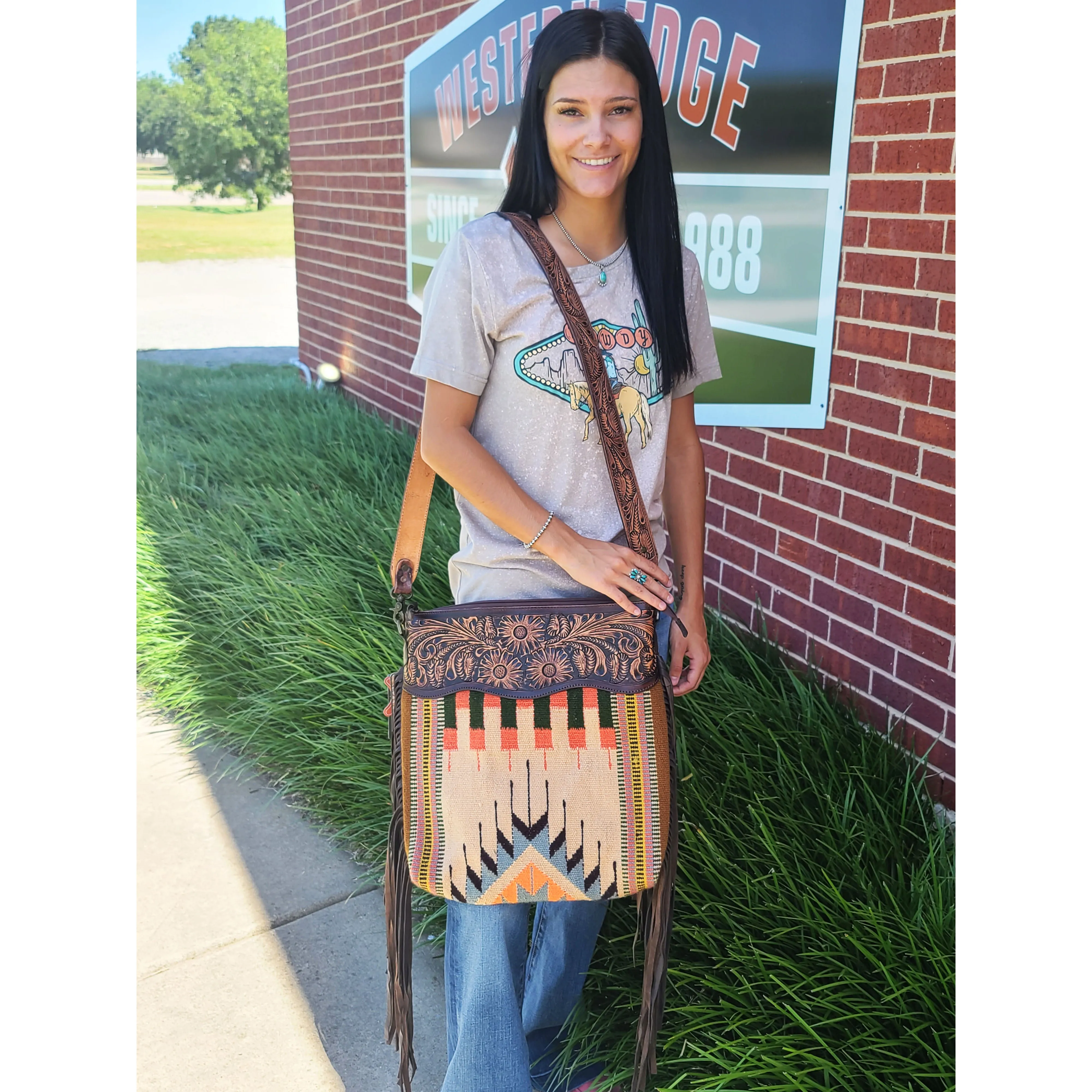 American Darling Tan/Black Tooled Fringe Purse