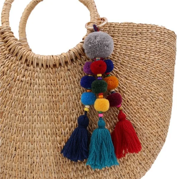 Bead Handbag Tassel Keychain Pompom Key Ring Holder Hanging Bohemian Style Pendant