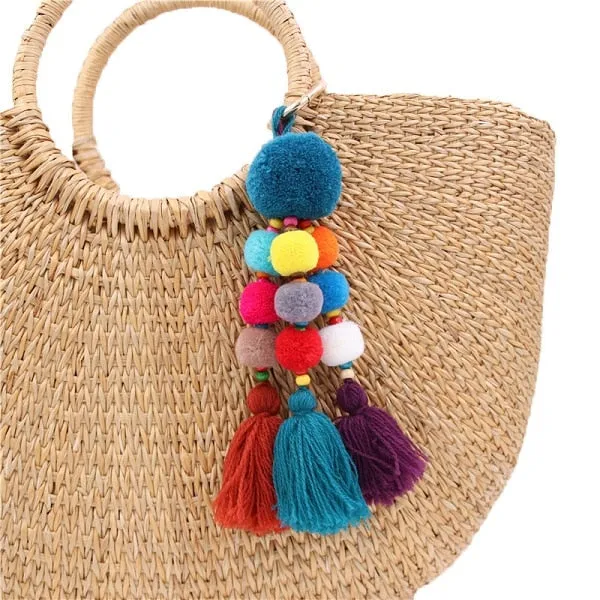 Bead Handbag Tassel Keychain Pompom Key Ring Holder Hanging Bohemian Style Pendant