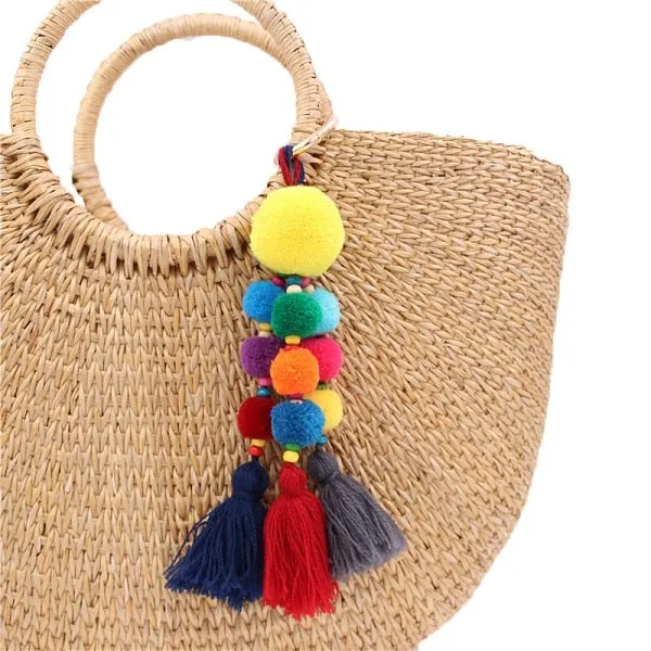 Bead Handbag Tassel Keychain Pompom Key Ring Holder Hanging Bohemian Style Pendant