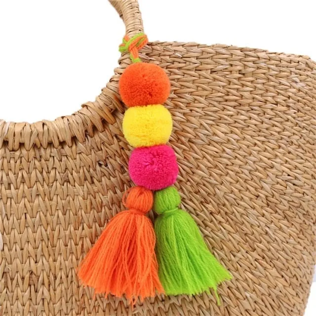 Bead Handbag Tassel Keychain Pompom Key Ring Holder Hanging Bohemian Style Pendant