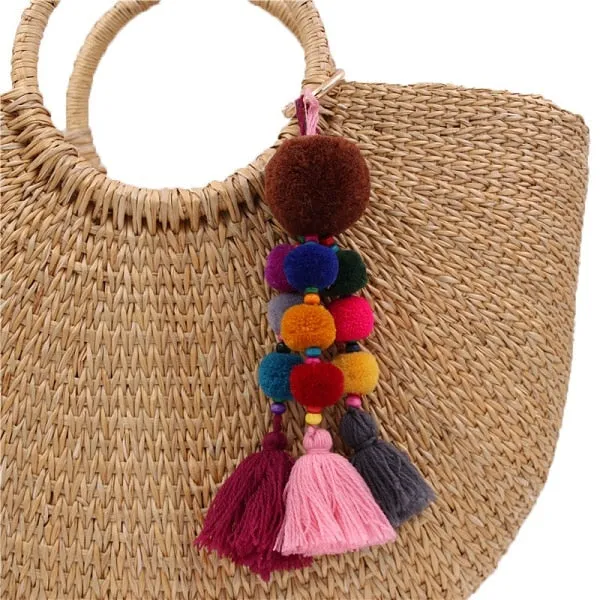 Bead Handbag Tassel Keychain Pompom Key Ring Holder Hanging Bohemian Style Pendant