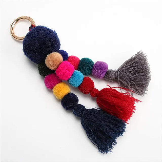 Bead Handbag Tassel Keychain Pompom Key Ring Holder Hanging Bohemian Style Pendant