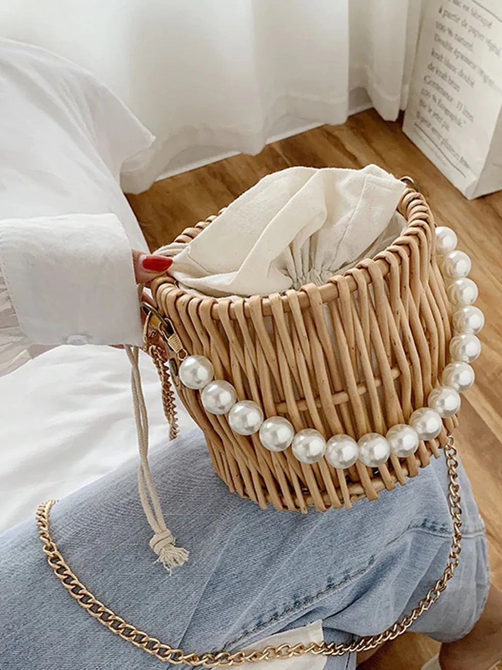 Beading Chain Straw HandBag