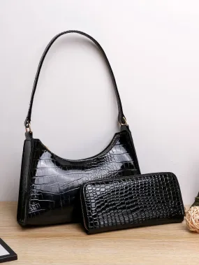 Croc Embossed Baguette Bag With Long Wallet