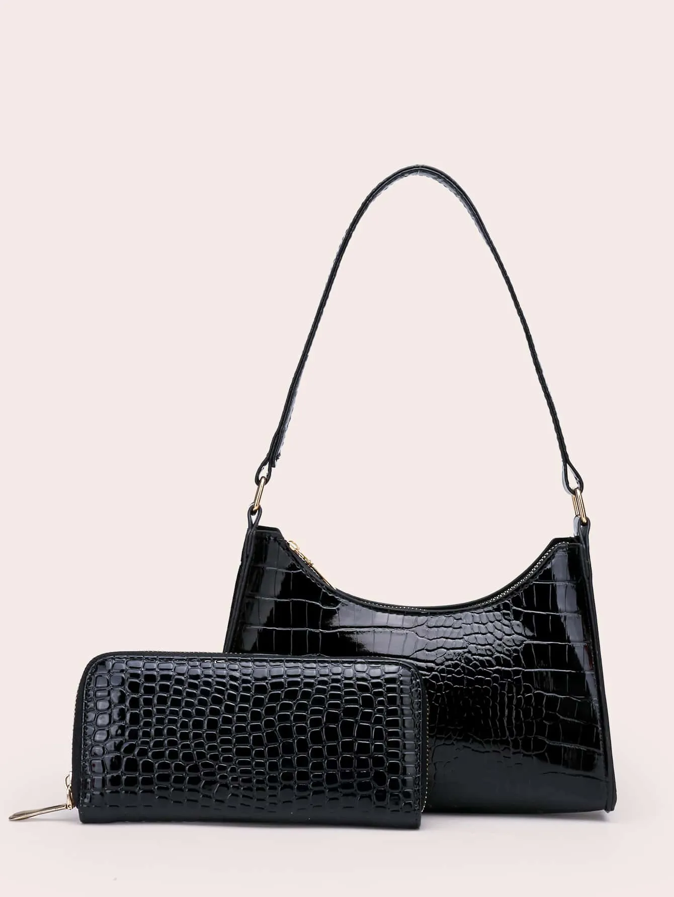 Croc Embossed Baguette Bag With Long Wallet