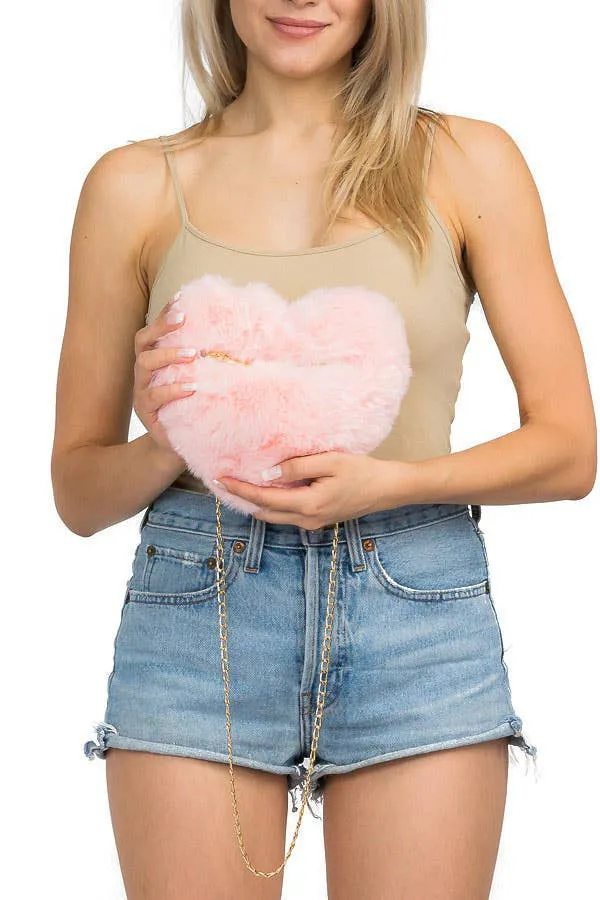 Instant Shipping! Faux Fur Heart Shaped Faux Leather Lined Gold Chain Bag