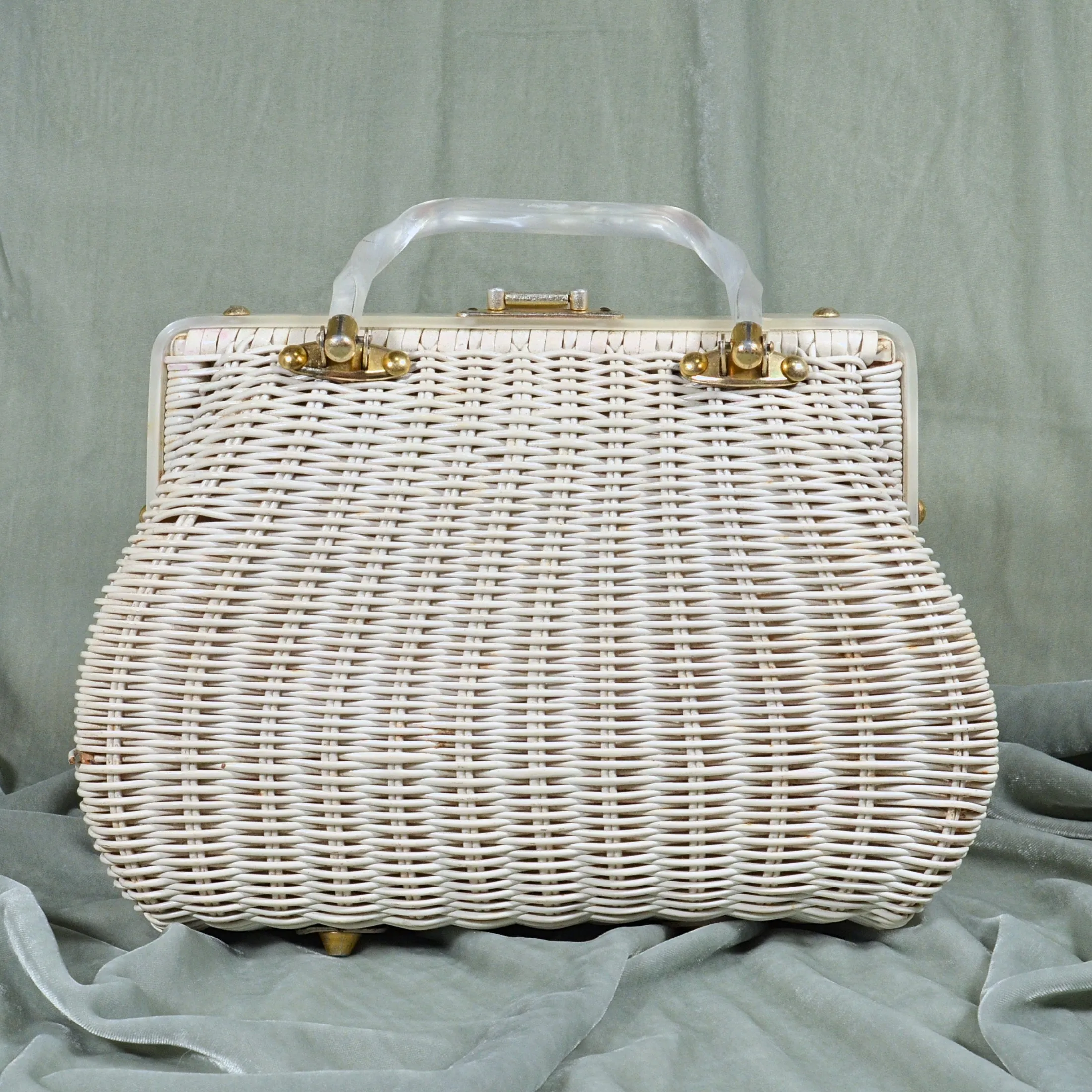 SOLD Vintage 50s White Wicker Beaded Handbag, Lucite Top Handles by Tropical