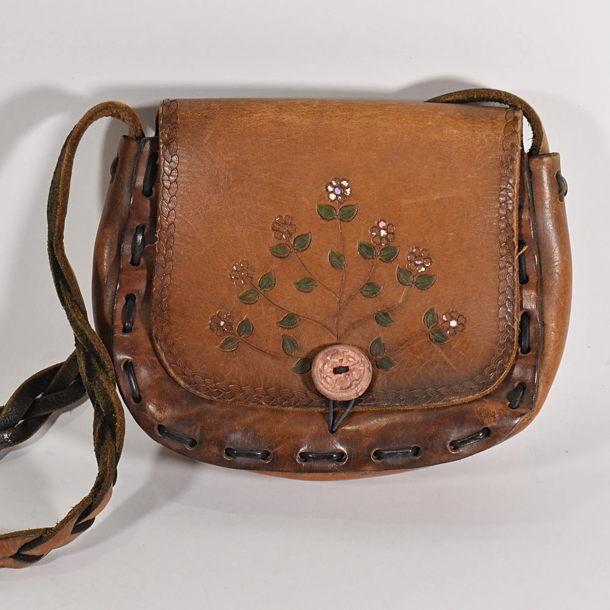 SOLD Vintage 60s Hand Tooled & Painted Leather Handbag OOAK